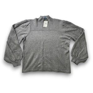 CeCe Silver Heather Grey Mock Neck Puff Sleeve Cable Knit Sweater C1551211 NEW